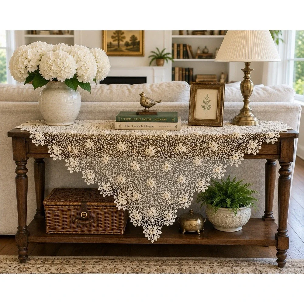 Vintage Crochet Tablecloth Triangular Cream Floral Victorian Shabby Chic
